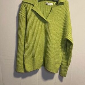 Zara Lime V-Neck Ribbed Sweater